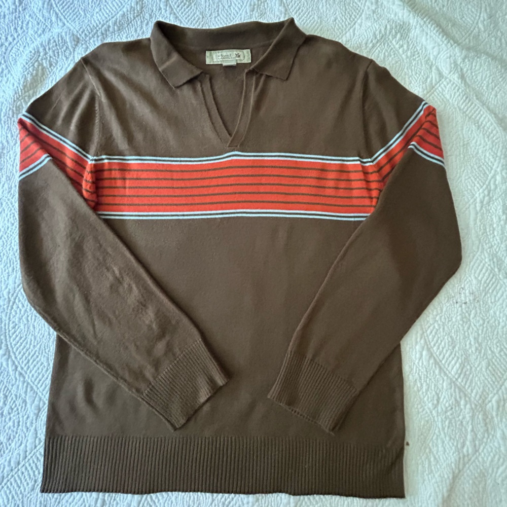 Men’s Vintage Fossil Sweater XL. Brown acrylic w/orange stripe. Decent shape!